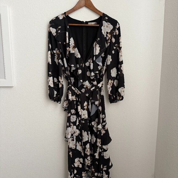 Alice + Olivia Long Sleeve Surplice High Low Dress Soft Black Floral - Size  6